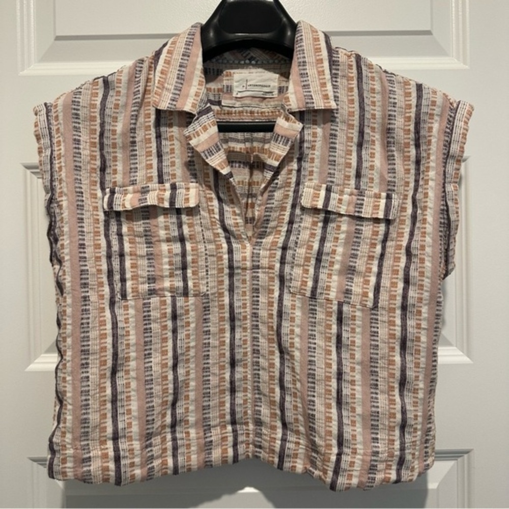 By Anthropologie Cropped Utility Pullover Top Striped Tan Purple Pink Size small - Picture 5 of 10